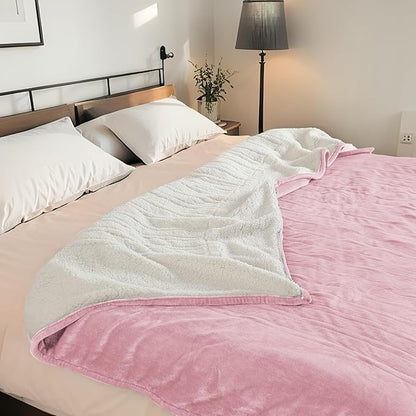 Electric Heated Blanket Queen Size 84"x90" - Dual-Sided with Microplush & Sherpa Fabric, 4 Heat Settings & 10 Hours Auto Off, Dual Controller, Machine Washable - Light Pink