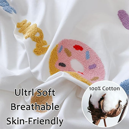 MorroMorn Twin Duvet Cover Cotton, 3D Embroidery Twin Bedding Sets, Cute Chenille Embroidered Comforter Covers Summer Blanket Soft Breathable for Girls Kids Teen Preppy (Donut White, Twin/Twin XL)