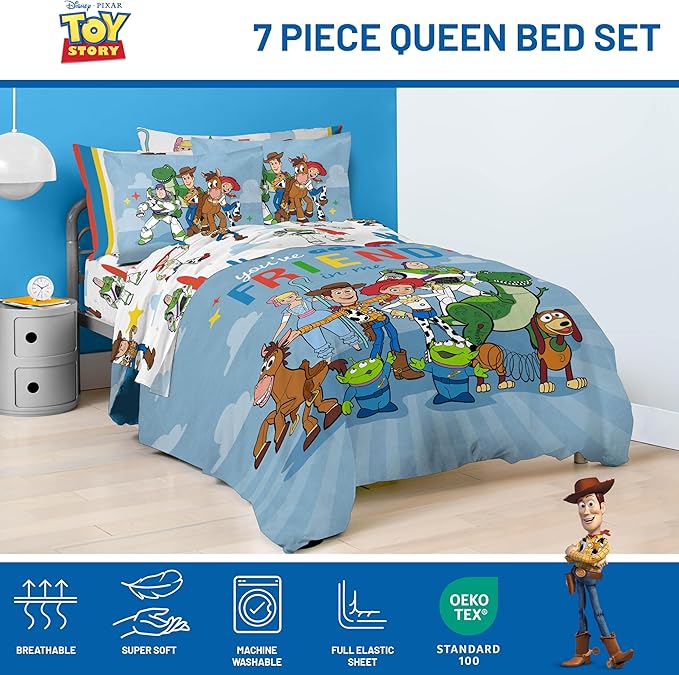 Jay Franco Kids Comforter Set Includes Sheets and Pillow Cover - Soft and Cozy Bed Set for Stylish Room Décor, Blue - Toy Story, 7 Piece Queen