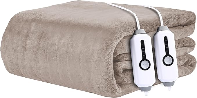 Electric Heated Blanket 90"x100" King Size - 4 Heat Settings & Dual Controllers, 10H Auto Shut Off, Ultra-Soft Coral Fleece Heated Blanket with Overheat Protection, Light Brown