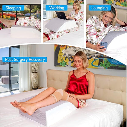 Bed Wedge Leg Elevation Pillows for After Surgery, Swelling Blood Circulation, 8" Memory Foam Leg Elevating Pillow for Both Legs, Back Hip Foot Ankle Pain Relief, Sciatica, Edema Relief Washable Cover