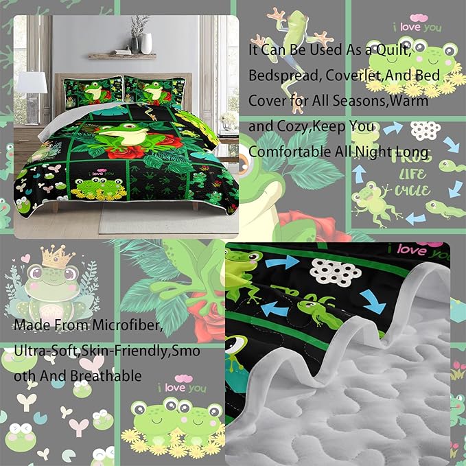 AILONEN 3-Piece Frog Green Quilt Set Full, Flower Animal Design for Kids Boys Girls,Breathable Soft Quilt Bedspread Bed Cover for All Season, 1 Quilt and 2 Pillowcases