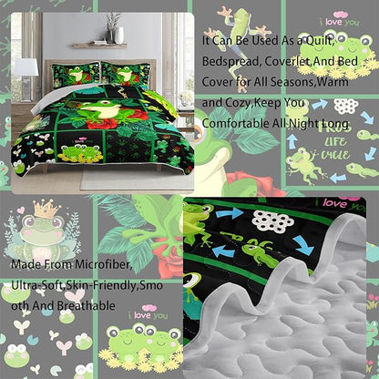 AILONEN 3-Piece Frog Green Quilt Set Queen, Flower Animal Design for Kids Boys Girls,Breathable Soft Quilt Bedspread Bed Cover for All Season, 1 Quilt and 2 Pillowcases