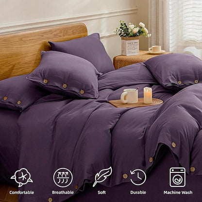 JELLYMONI Cotton Duvet Cover Full Size - Purple Comforter Cover with Button 100% Washed Cotton 3PCS Breathable Soft Solid Bedding Set Duvet Cover 80×90in & 2 Pillowcases (NO Comforter)
