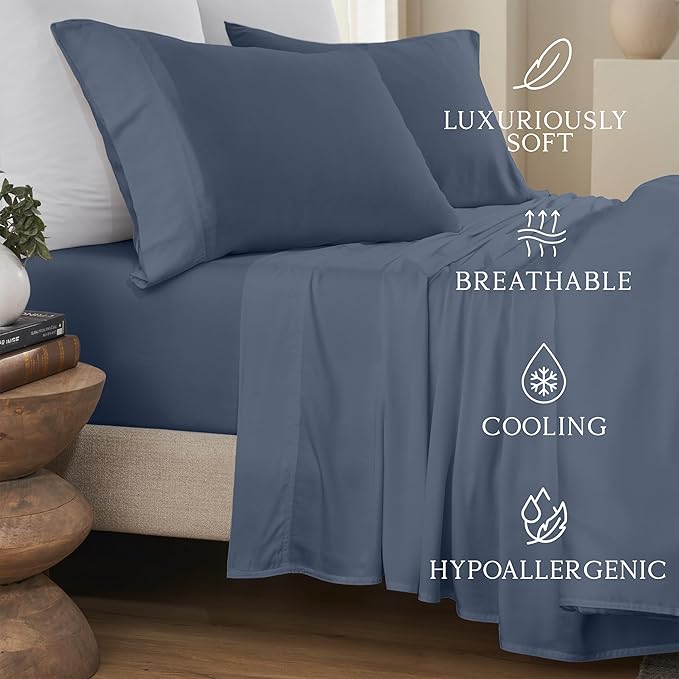 KARISSA MAE Cooling Bamboo Viscose Queen Size Sheet Set | 100% Organically Grown | 18” Deep Pocket | Silky, Soft, & Hypoallergenic | with Organizer Band & Elastic Corner Straps [Slate Blue]