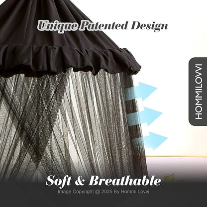 Boys Bed Canopy with Stars Lights, Kids Canopy Bed Curtains for Twin, Full, Queen Size Bed Hanging Canopy for Bedroom Decor, Kids Adult Sheer Canopy Curtain (Black)