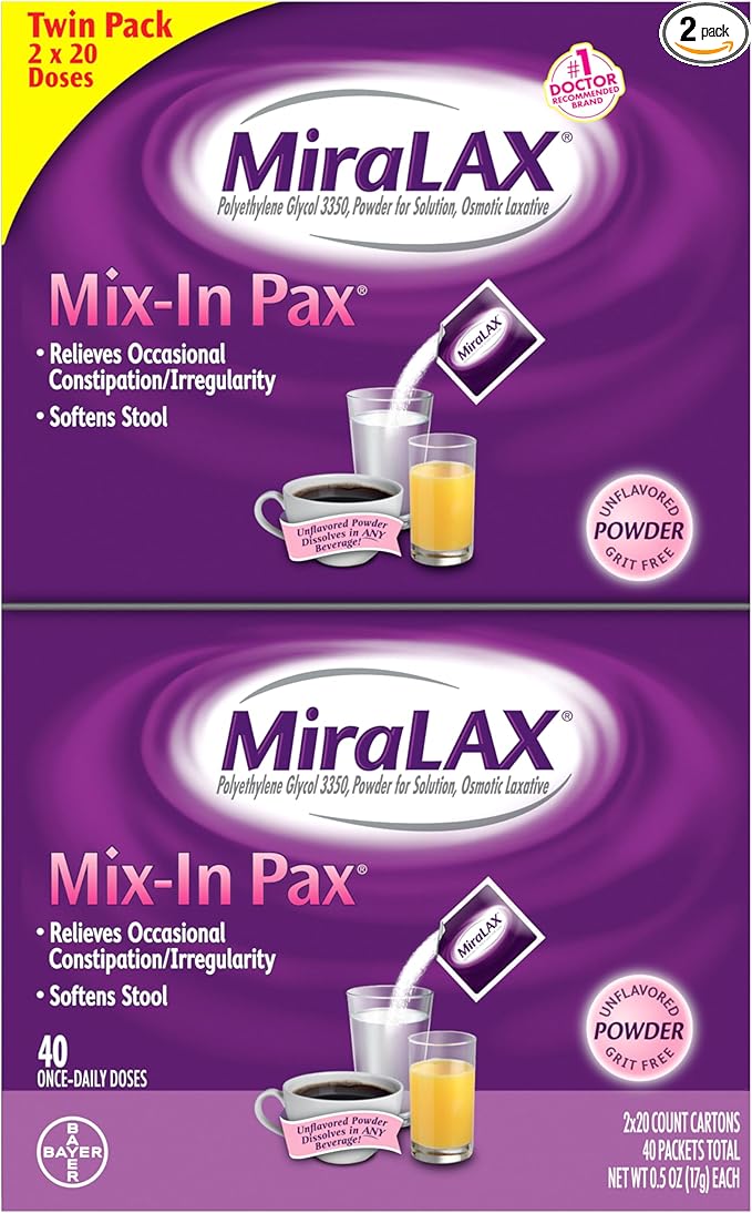 MiraLAX Laxative Powder for Gentle Constipation Relief for Adults, Stool Softener with PEG 3350, Nonstimulant Laxative, No Harsh Side Effects, Single Dose Mix-In Pax, Travel Pack, 40 Doses