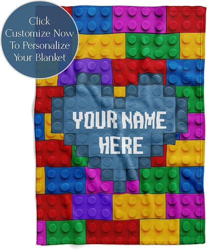 Personalized Throw Blanket for Boys with Custom Name | Compatible | Ultra Soft Warm Bedding | Room Decor or Bed Cover | Couch Blanket | Creative Colorful Building Blocks (Sherpa, 60x80)