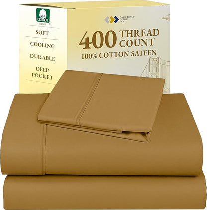 California Design Den Twin XL Sheet Sets - 400 Thread Count Sateen, 100% Cotton Sheets, Deep Pockets, and Durable Bedding for Dorm Rooms & Adults - Golden Mustard