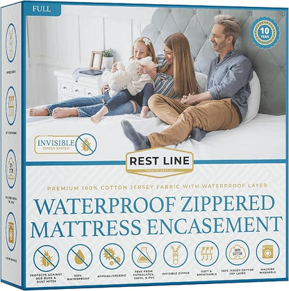 Full/Double 54x75” Premium Waterproof Zippered Mattress Encasement, 100% Cotton, Hypoallergenic, Six Sided Mattress Cover, Invisible Zippered, Soft Breathable up to 15" Deep - Rest Line