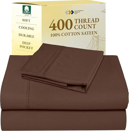California Design Den Twin XL Sheet Sets - 400 Thread Count Sateen, 100% Cotton Sheets Twin XL, Deep Pockets, and Durable Bedding Set - Espresso Chocolate Brown