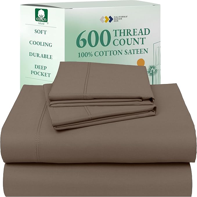 California Design Den 100% Cotton Full Size Bed Sheets, 600 Thread Count Sateen, Soft, Cooling Brown Full Size Sheet Set with Deep Pockets, Hotel-Quality Bedding (Mushroom - Taupe Brown)