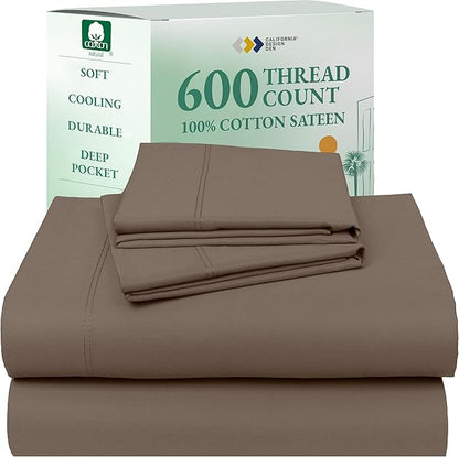 California Design Den 100% Cotton Sheet Set Queen, 600 Thread Count Sateen, Soft, Cooling Deep Pocket Cotton Sheets, Hotel-Quality Queen Sheet Set (Mushroom - Taupe Brown)