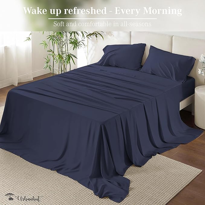 URBANHUT 1000 Thread Count 100% Solid Cotton Twin Sheet Set, Luxury Bedding Set for Twin Size Bed, All Season Sateen Weave Hotel Bedsheets, 16" Elasticized Deep Pocket, Comfy - Navy Blue (3 Pc)