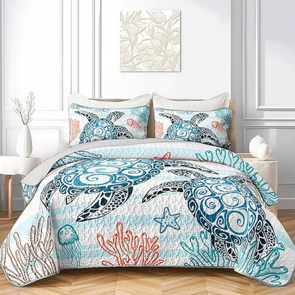 HOSIMA Sea Turtle Queen Size Bedding Set,Corals Jellyfish Starfish Pattern Lightweight Quilt,Ocean Themed Bedding for Beachy Room Decor Aesthetic with 2 Pillowcases.