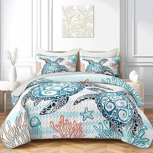 HOSIMA Sea Turtle Queen Size Bedding Set,Corals Jellyfish Starfish Pattern Lightweight Quilt,Ocean Themed Bedding for Beachy Room Decor Aesthetic with 2 Pillowcases.