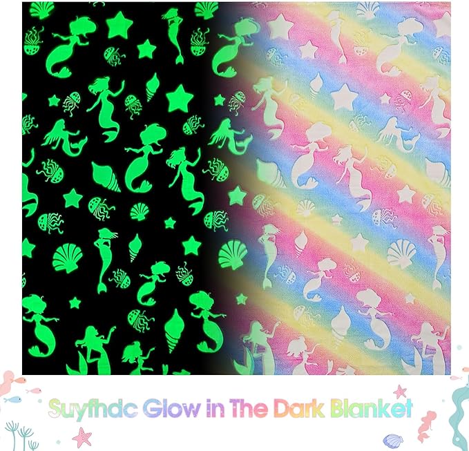 Glow in The Dark Blanket for Girls, Mermaid Blanket for 4-9 Year Olds and Mermaid Toys - Soft Warm Furry Kids Throw Blanket, for Girls Toys Age 6-8 Mermaid Birthday Gifts, 50"x60"