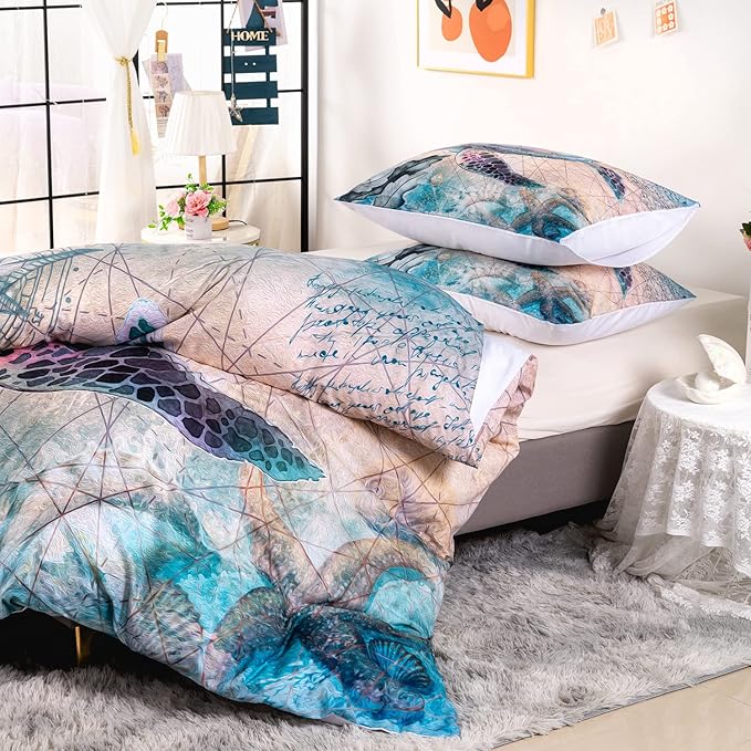 CVHOUSE Sea Turtle Duvet Cover Full Size,Ocean Bedding Set for Kids Teens,Beach Comforter Cover,1 2 Pillowcases 3 Piece Full 79'x89'