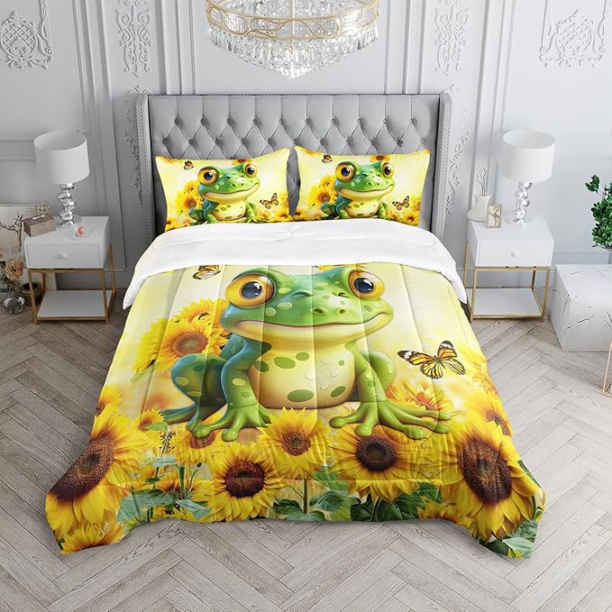 Cartoon Green Frog Comforter 3Pcs Queen Yellow Sunflower Butterflies Bedding Set for Kid Teen Girl Boy Adult 3D Wild Animal Botanical Pattern Quilt Bed Decor with 1 Comforter and 2 Pillowcases