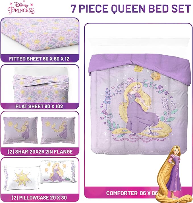Jay Franco Kids Comforter Set Includes Sheets and Pillow Covers - Soft and Cozy Bed Set for Stylish Room Decor, Purple - Disney Princess Rapunzel, 7 Piece Queen Size Bedding