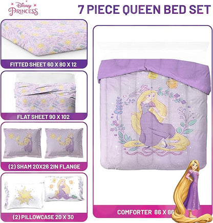 Jay Franco Kids Comforter Set Includes Sheets and Pillow Covers - Soft and Cozy Bed Set for Stylish Room Decor, Purple - Disney Princess Rapunzel, 7 Piece Queen Size Bedding
