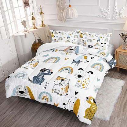 Cartoon Dog Comforter Set Rainbow Bones Printed Bedding Set with 1 Comforter and 2 Pillowcases for Boys and Girls Bedroom All Season(Dog Queen)