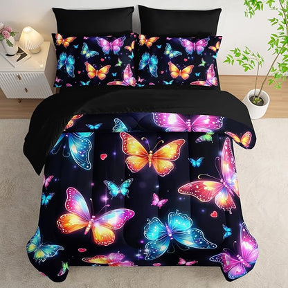 Colorful Gradient Butterfly Comforter 7Pcs Tie-Dye Heart Print Bedding Set for Kid Teen Girl Boy Adult Sparkling Aesthetics Quilt Bed Set Queen with 2 Sheets,2 Pillowcases,2 Throw Pillow Covers