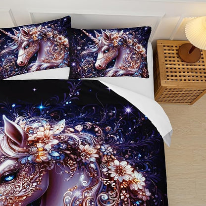 Black Unicorn Comforter Set Full Size，Unicorn Floral Full Bedding Set for Girls，with 1 Comforter with 2 Pillow Case