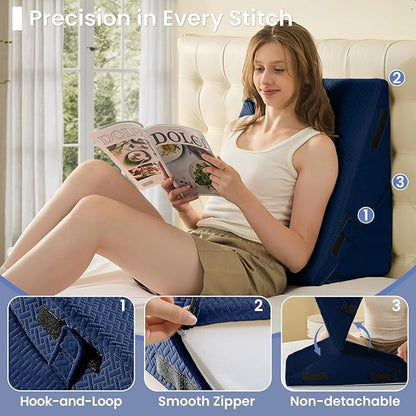 Sasttie Wedge Pillow for After Surgery, Adjustable Bed Wedge Pillow Headboard for Acid Reflux, Sleeping, Neck & Back Support, with Removable Cover, Navy