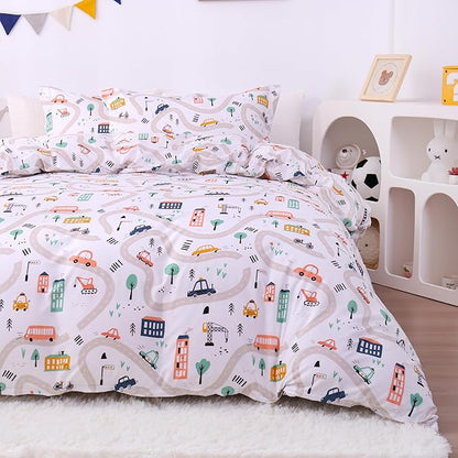 JSD Cars Kids Duvet Cover Set Twin Size, 2 Piece Soft Printed Microfiber Comforter Cover with Pillow Sham Zipper Closure, Comforter Not Included