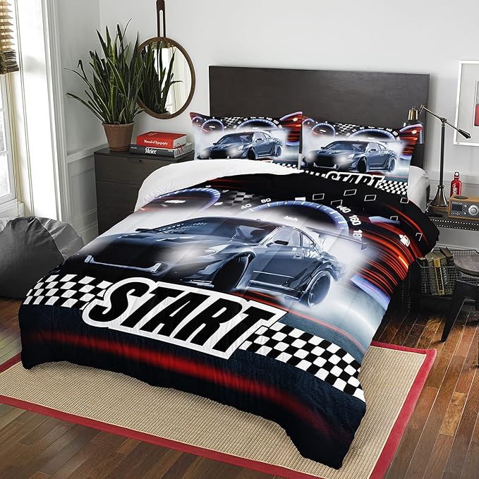 AILONEN Racing Car Comforter Set Twin Queen Size, Plaid Patterns with Speed Race Car for Kids Boys Girls Teens Bedroom,3 Pieces,1 Quilt and 2 Pillowcases,Soft,Breathable