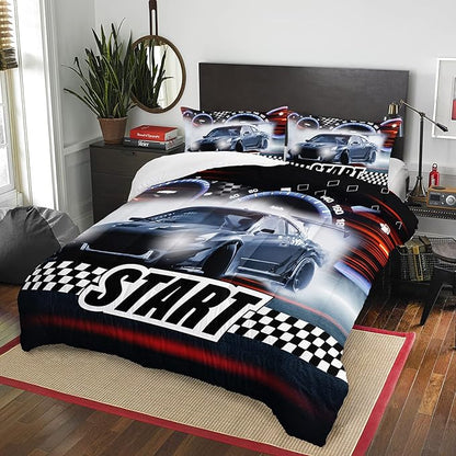 AILONEN Racing Car Comforter Set Twin Full Size, Plaid Patterns with Speed Race Car for Kids Boys Girls Teens Bedroom,3 Pieces,1 Quilt and 2 Pillowcases,Soft,Breathable
