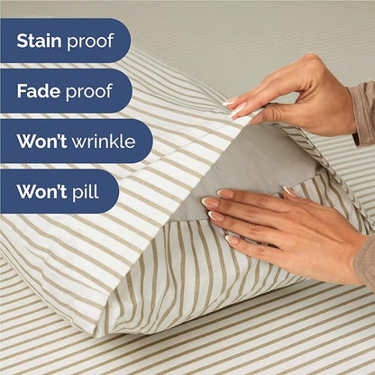 Full 6 Piece Sheet Set - Comfy Breathable & Cooling - Soft Hotel Luxury Bedding Set with 8-16 Inch Deep Pockets - 1 Flat & 1 Fitted Sheet & 4 Pillowcases - Wrinkle Free & Easy Care - Beige Stripes 2