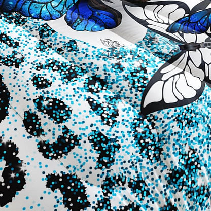 Blue Butterfly Comforter Set for Girls Queen Size, Black and White Leopard Print Comforter with 2 Pillowcases, Wild Animal Theme Home Decoration