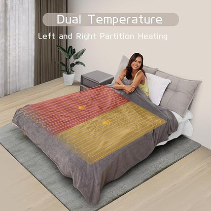 Electric Heated Blanket 90"x100" King Size, Soft Coral Fleece, Dual Controllers with 4 Heating Levels and 10 Hours Auto-Off, Machine Washable, Cozy Plush Fabric for Home, Light Gray