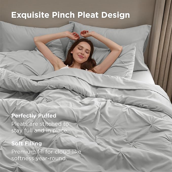 Bedsure California King Comforter Set - Bed in a Bag Cal King Bedding Set 7 PCS, GentleSoft™ Pintuck Bed Set Gift for Family, Pinch Pleat Light Grey Comforter with Sheets, Pillowcases & Shams