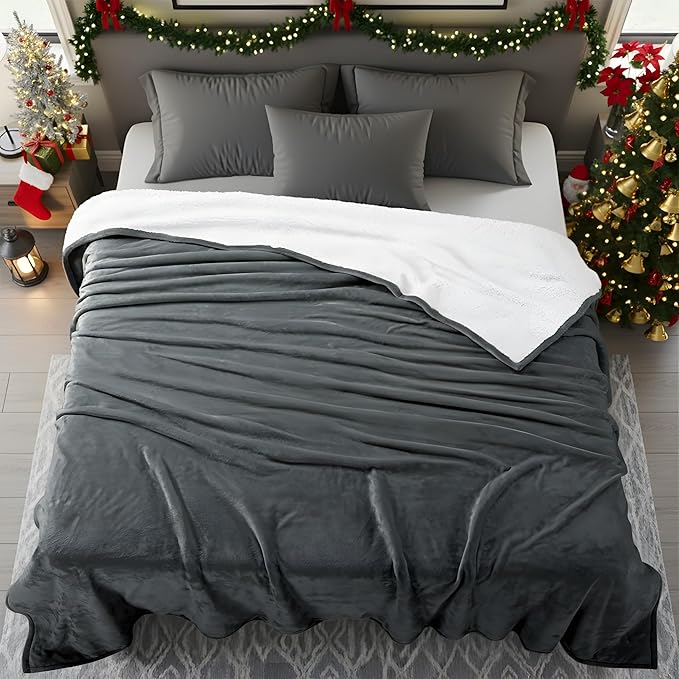 Utopia Bedding Sherpa Blanket Queen Size (Grey, 90x90 Inches) - Soft Lightweight Plush Fleece Reversible Blanket for Bed, Sofa, Couch, Camping and Travel