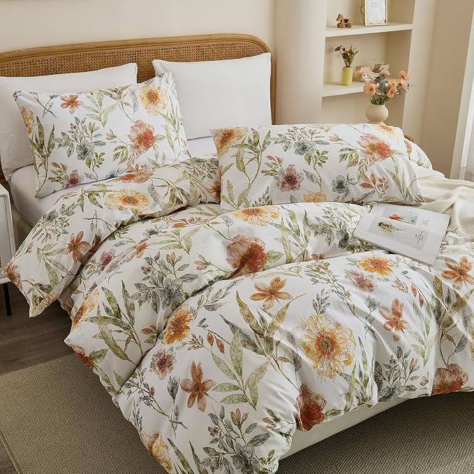 100% Cotton Duvet Cover King Size – Elegant Natural Yellow Floral Duvet Cover Set with Zipper Closure, 3-Piece Soft Breathable Durable Percale Cotton Bedding Set for All Seasons