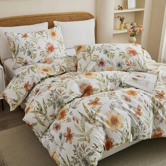 100% Cotton Duvet Cover King Size – Elegant Natural Yellow Floral Duvet Cover Set with Zipper Closure, 3-Piece Soft Breathable Durable Percale Cotton Bedding Set for All Seasons