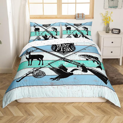 Castle Fairy Hunt Fish Duvet Cover Queen for Children,Farmhouse Wooden Board Bedding Set Modern Room Gift,Deer Bird Fish Animal Hunting Comforter Cover with 2 Pillowcases, Ultra Soft Bed Spread