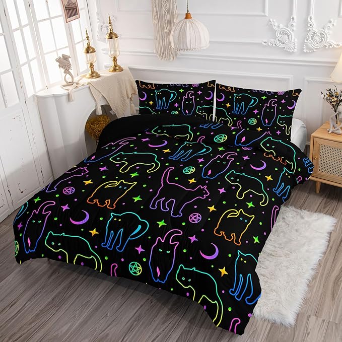 Axolotl Neon Cat Bedding Comforter Set King,Cartoon Gradient Line Cat Bedding,Colorful Neon Cats Animal Bed Set,Moon Stars Printed Kids Bedding for Boys Girls Adults,1 Quilt 2 Pillow Cases,Black