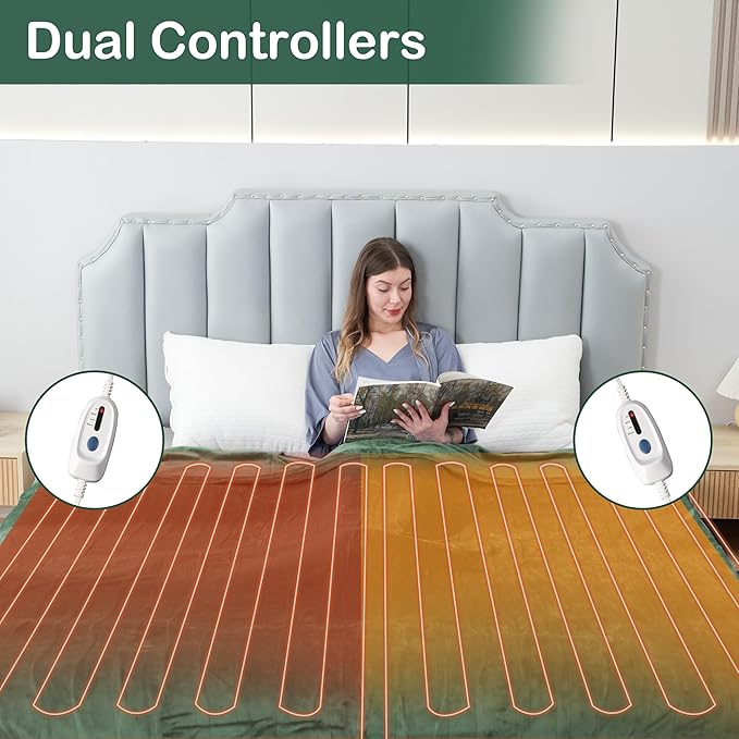 Electric Heated Blanket Queen Size 84"x90", Dual Control Fast Heating Cozy Heated Blanket for Bed, 10 Hours Auto Off & 4 Heating Levels, Warm Gift for Grandma-Sage Green