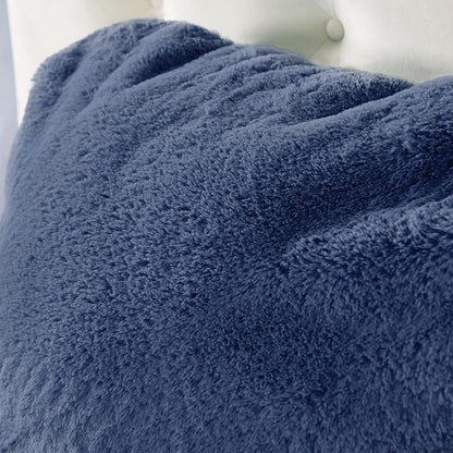 Plush Faux Fur Backrest Reading Bed Rest Pillow with Arms and Pockets for Sitting in Bed Couch Sofa, Back Support Wedge Cushion with Removable Cover, 20" x 18" x 17", Dark Blue