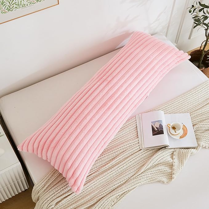 Full Body Pillow with Fluffy Stripe Faux Fur Removable Cover, Long Bed Pillow Adult 20x54 Inches for Side Sleeper and Pregnancy, Pink.