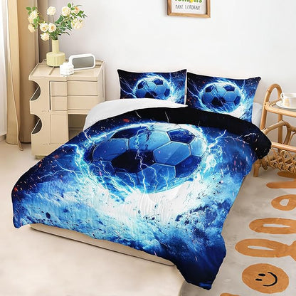 Soccer Print Comforter 3Pcs Full Ball Sport Football Bedding Set for Kid Teen Girl Boy Adult Sports Games Soccer Blue Lightning Thunderstorm Quilt Room Decor with 1 Comforter and 2 Pillowcases