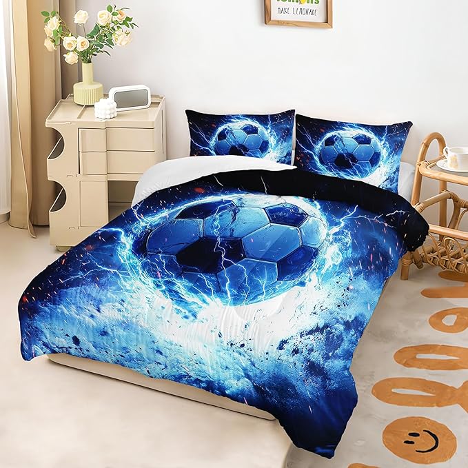 Soccer Print Comforter 3Pcs Queen Ball Sport Football Bedding Set for Kid Teen Girl Boy Adult Sports Games Soccer Blue Lightning Thunderstorm Quilt Room Decor with 1 Comforter and 2 Pillowcases