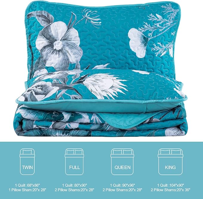 Floral Quilt Set Queen 3 Pieces Teal Blue Floral Quilt Coverlet Set Soft Microfiber Lightweight Teal Blue Quilted Bedspread for All Season 90"x96"