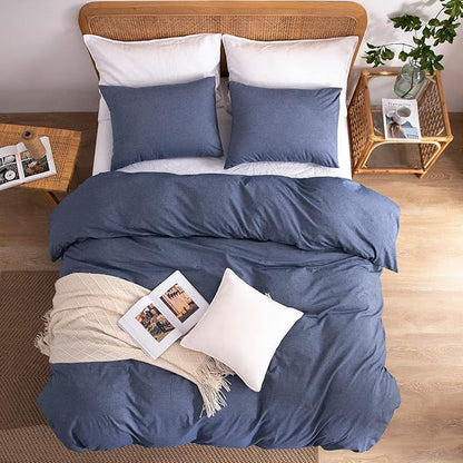 Blue Duvet Cover King, 100% Washed Cotton Linen Like Textured Solid Color Casual Modern Style Blue Bedding Set, with Zipper Closure, Luxury Soft Relaxed Feel Natural Wrinkled Comfy (3pcs, King)