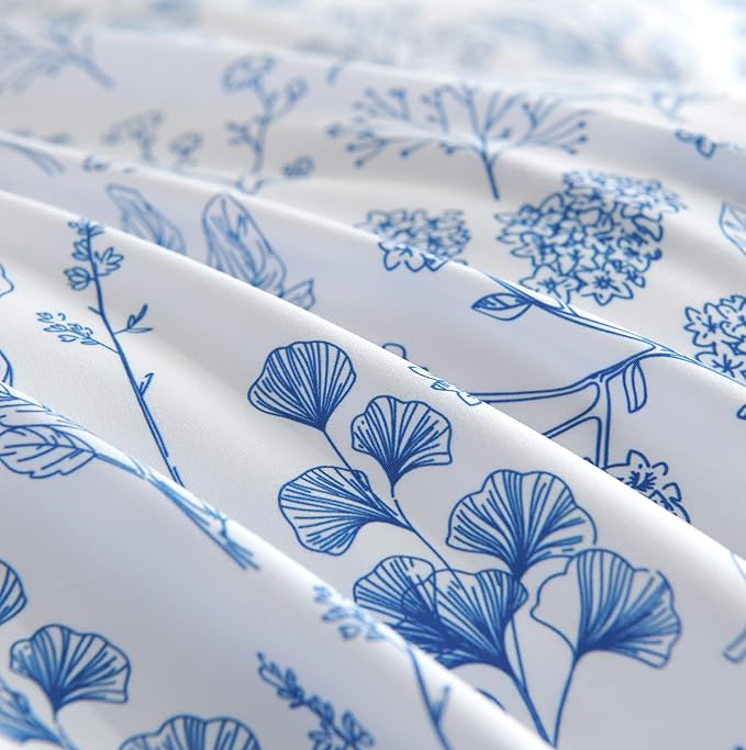 Blue Floral Duvet Cover Queen Size Botanical Romantic Flower Bedding Set Kids Girls Women Spring Aesthetic Reversible Leaves Soft Breathable Microfiber Comforter Cover 3Pcs with 2 Pillowcases