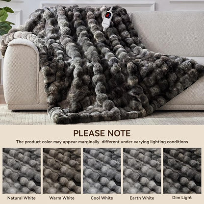 Heated Blanket Throw with 1/2/4/6/8 Hours Auto-Off 10 Heat Level, 62'' * 84'' Cozy Faux Rabbit Fur Bubble Electric Blanket with Overheat Protection(Tie-Dye Dark Grey)